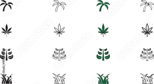 Tropical and Cannabis Leaf Plant Icon Set in Black Silhouette and Green Outline Style