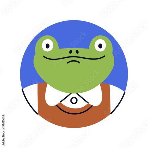 Cute funny frog character, head avatar in circle. Whimsical froggy animal, employee, round user profile. Amusing toad in shirt, face portrait. Flat vector illustration isolated on white background