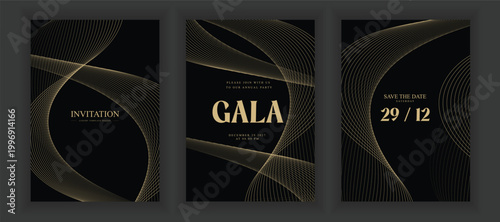 Luxury Gala Invitation Background Vector with Elegant Gold Line Pattern on Black and Light Theme, Premium Design for Wedding, VIP Event Cover and Grand Opening Template