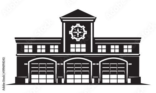 Fire station silhouette, fire department building, civic urban, vector isolated on white