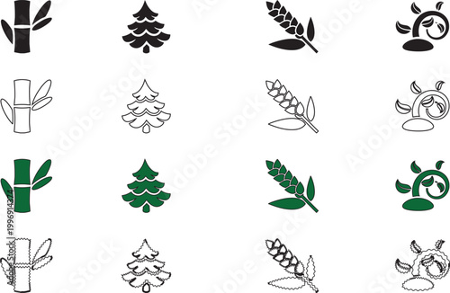 
Botanical Plant and Nature Icon Set with Bamboo Pine Wheat and Leaf in Black and Green Style