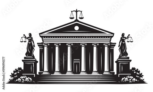 Tableau sur toile Courthouse silhouette, justice court building, civic urban, vector isolated on w