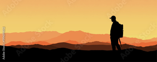 Hiker Silhouette Golden Sunset Mountain Banner – Minimalist Vector Landscape with Backpacker, Layered Hills, Scenic Travel Adventure Background Illustration