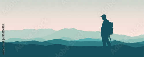 Hiker Silhouette Teal Mountain Landscape Banner – Minimalist Vector Sunset with Backpacker, Layered Hills, Scenic Travel Adventure Background Illustration