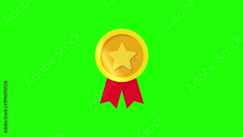 Gold Medal Animation with Red Ribbon. Award, Quality, and Achievement Concept Video, Green Background, 4K Video