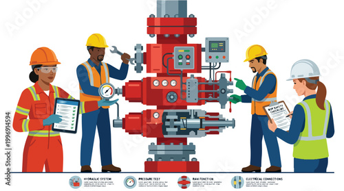 Diverse Oil Industry Workers Inspecting Complex Hydraulic Equipment for Safety and Maintenance Procedures