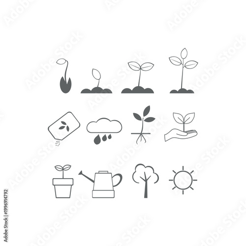 Manually drawn vector icons set in gray color for gardening and ecology. Handcrafted linear symbols collection representing nature sustainable growth planting steps and organic environment.