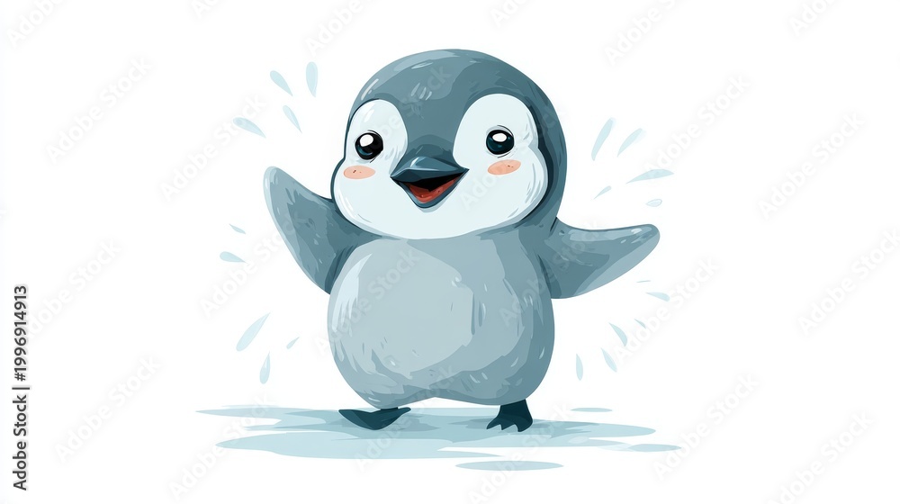 Obraz premium 65.Sweet penguin waving flipper, cartoon vector design, soft rounded edges, expressive eyes, pastel blue and gray tones, simple minimal details, playful mood, isolated clipart suitable for stickers