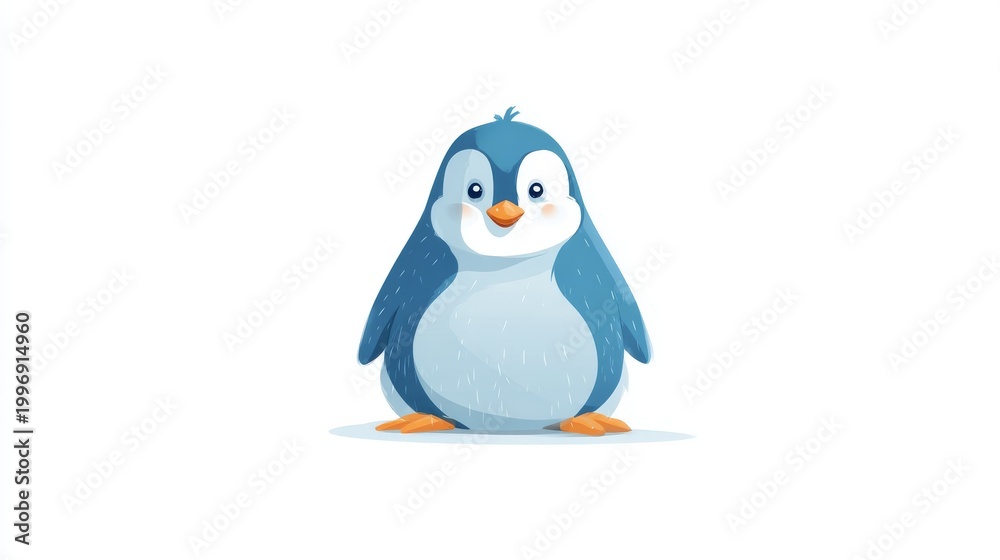 Obraz premium 64.Lovely penguin character sitting pose, simplified geometric shapes, bold clean contours, subtle gradients, charming facial features, modern flat vector illustration, children book style, white