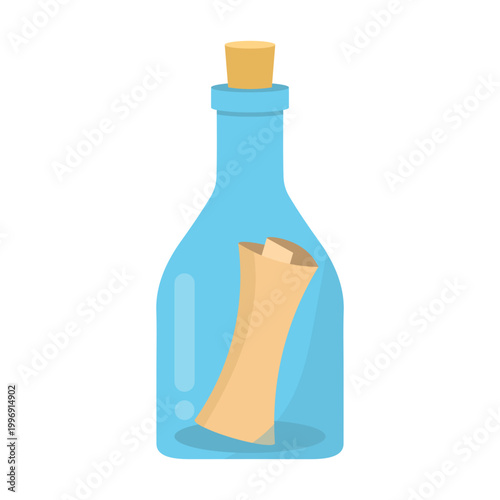 Message in a Blue Glass Bottle with Rolled Parchment Scroll