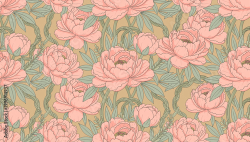 Bilde på lerret A delicate floral illustration featuring soft pink peonies and green foliage