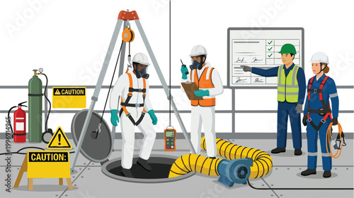 Confined Space Entry Safety Procedures with Diverse Industrial Workers and Equipment Illustration