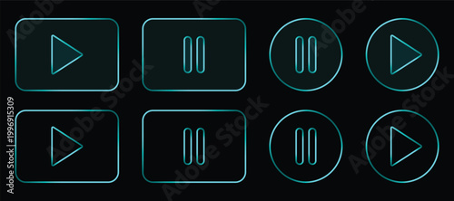 Blue player buttons set with neon glass effect for audio and video media interface, play and pause icons, vector illustration.