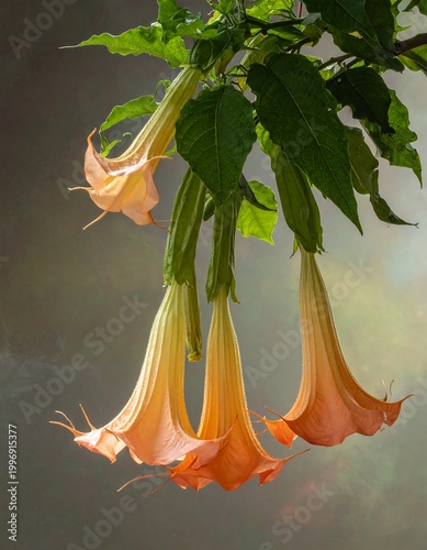 Close-up of delicate trumpet-shaped blossoms, showcasing vibrant orange-yellow petals with green foliage