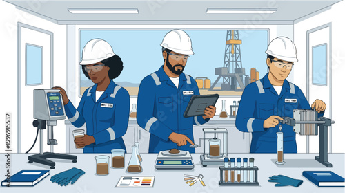 Diverse Oil Industry Professionals Conducting Laboratory Analysis with Oilfield Background Vector Illustration