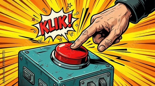 Hand pressing a large red button with klik text in comic pop art style.