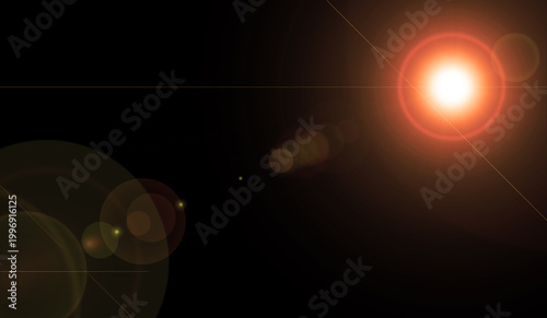 Sun lens flare effect with bright light source on the top right. High-quality optical flare with colorful bokeh circles and lens artifacts isolated on black background for creative photo film overlays