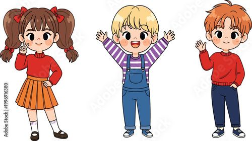 Three Cute Cartoon Kids Characters – Girl with Pigtails, Blonde Boy, and Redhead Boy Illustration