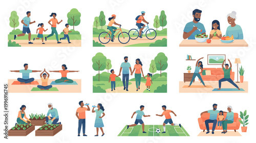 Healthy Lifestyle Family Vector Pack – Wellness & Active Living Illustration Set