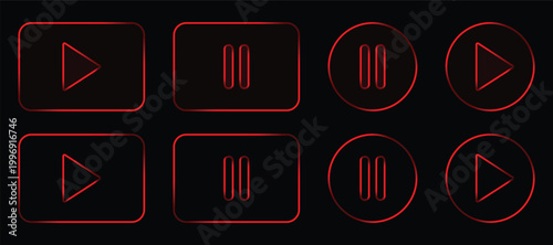Red player buttons set with neon glass effect for audio and video media interface, play and pause icons, vector illustration.