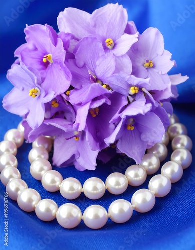 Close-up of delicate violet blooms atop a pearl necklace, all arranged on a vibrant blue satin fabric. The lighting accentuates texture