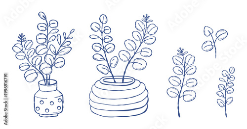 Eucalyptus Branches in Ceramic Vases Set. Outline Blue Hand Drawn. Minimalist Botanical Line Art for Modern Interior and Wellness Design. Isolated Vector Illustration on White