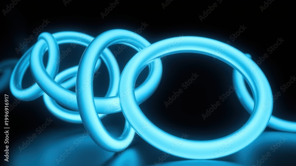 Fototapeta premium Bright blue neon loops intertwine, creating abstract glowing shapes. Dark background emphasizes luminescence, modern design element.