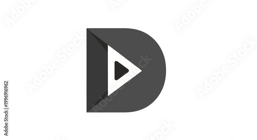 Abstract dark gray 'D' letter shape with white play button icon, modern logo design