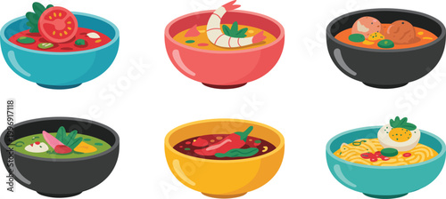 Soup bowls collection set, asian cuisine dishes noodles vegetables, colorful food vector illustration isolated design