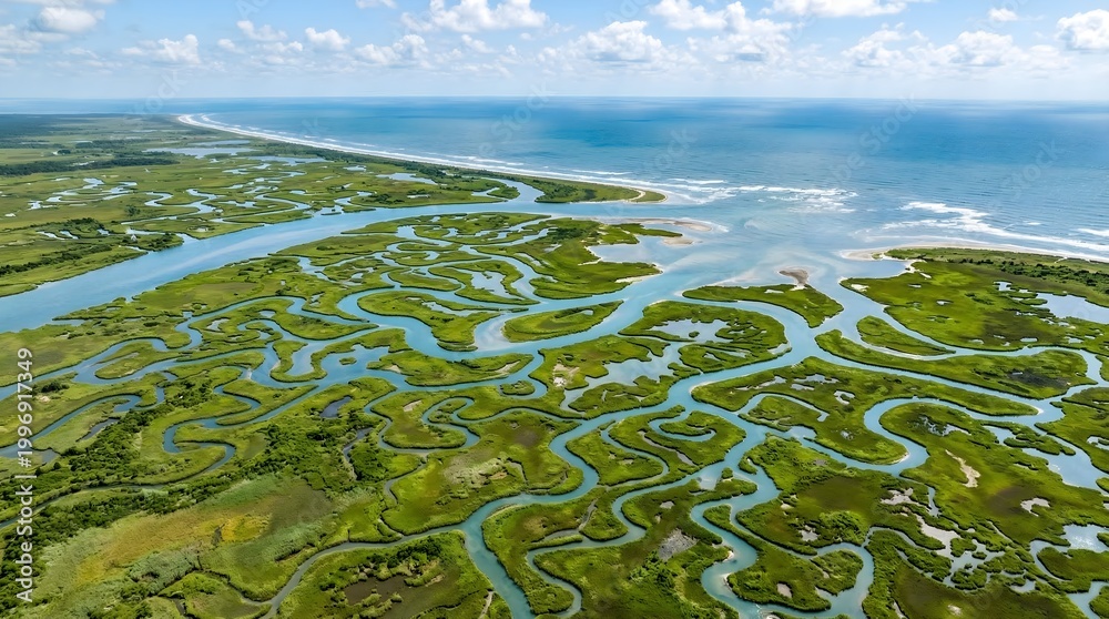 Obraz premium Aerial coastal salt marsh landscape, winding river channels in green wetlands, panoramic view of ocean estuary and tidal flats