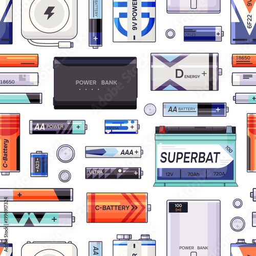 Repeatable pattern of different lithium batteries and accumulators. Endless background of electrical energy cells, nickel elements of power for electronics. Flat seamless vector illustration