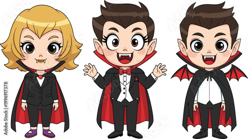 Foto Three Cute Cartoon Vampire Characters – Girl and Boy Dracula Kids in Black Cape