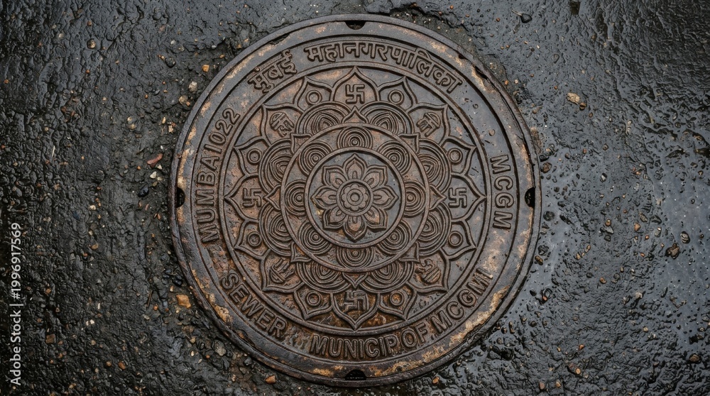 Obraz premium Intricate circular manhole cover with ornate design on wet pavement.