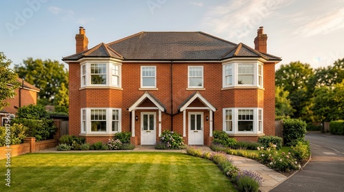Semi-detached brick houses with bay windows and white doors in a suburban neighborhood.