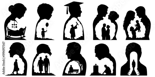 Human life cycle and stages conceptual silhouette set. Growth concept from birth and childhood to graduation, family, aging, and death in negative space style.