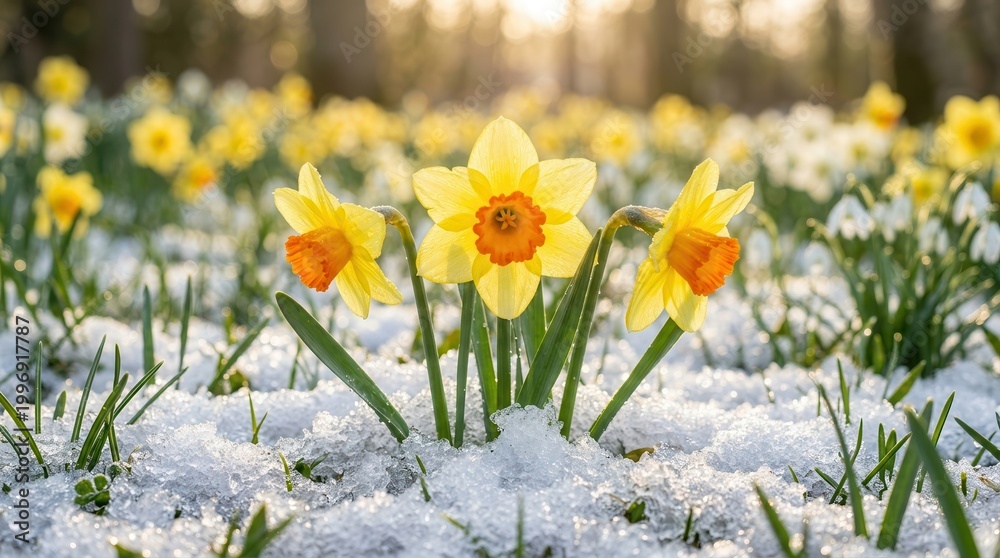 Obraz premium Yellow daffodils with orange centers growing through melting snow in early spring.