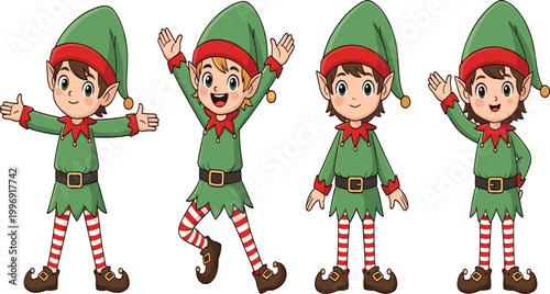 Four Cheerful Cartoon Christmas Elf Boys in Different Poses – Santa's Helper Characters Illustration