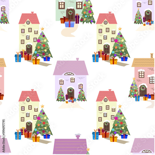 Houses with Christmas decorations, a green tree, and colorful boxes with gifts.