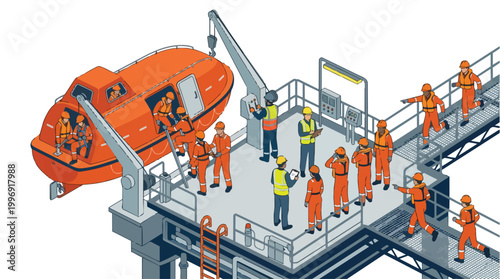 Offshore Oil Rig Safety Training Illustration with Diverse Workers and Lifeboat Deployment Procedure