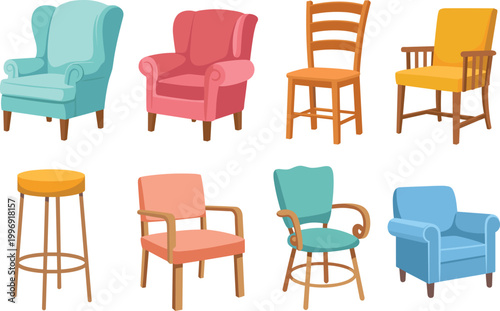 Chair collection set, armchairs stools wooden seating furniture, home interior vector illustration isolated design