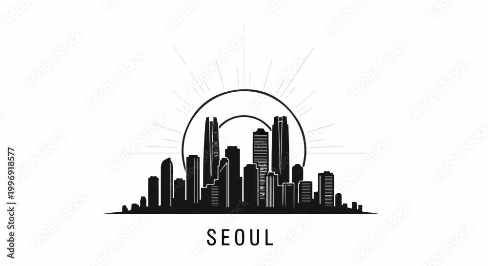 Obraz premium Black and white skyline silhouette with radiating sun rays behind buildings