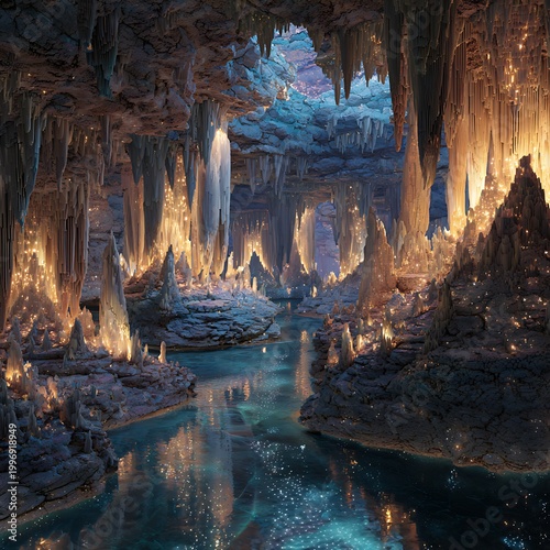 Glowing cave with a turquoise river and intricate rock formations, AI