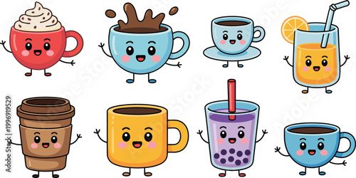 Cute drink characters set, coffee tea bubble tea juice mugs, kawaii cartoon vector illustration collection