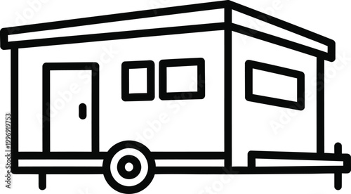 A simple line drawing of a small mobile home with a single wheel