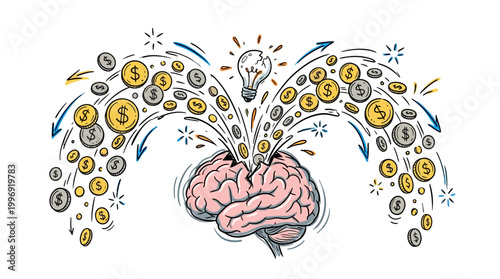 Human brain generating financial profit and creative ideas sketch.
