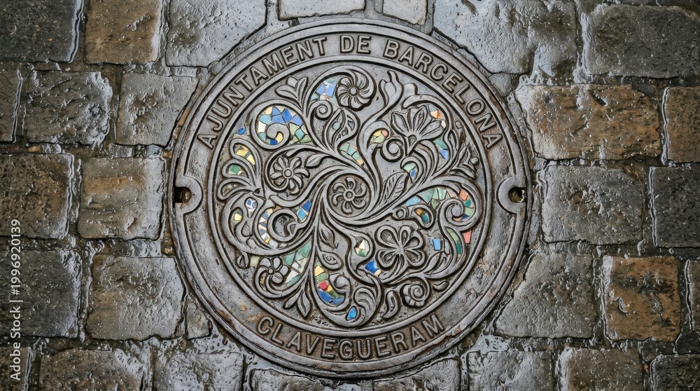 Obraz premium Ornate manhole cover with floral design on brick wall.