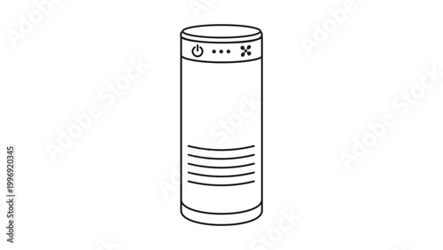 Minimalist Air Purifier Line Vector Icon with Editable Stroke. A clean, hand-traced illustration of a cylindrical air cleaner featuring power and fan controls, perfect for home appliance design.