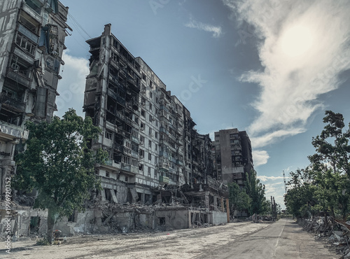 destroyed and burned houses in the city Ukraine war