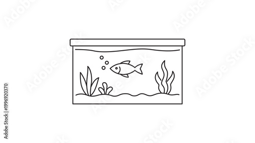 Aquarium Tank Vector Icon with Fish and Seaweed, Minimalist Black Line Illustration on White Background, Editable Stroke for Customizable Line Weight, Scalable Graphic for Pet Shop and Home Decor.