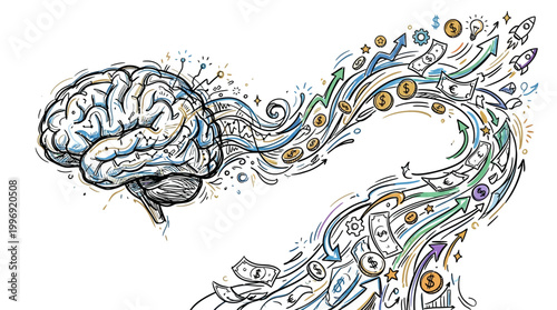 Human brain generating creative business growth ideas and financial strategy.